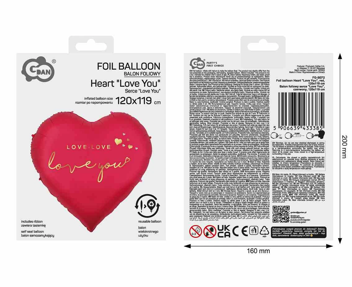 Balon foliowy serce "Love You", czerwony, 120x119cm